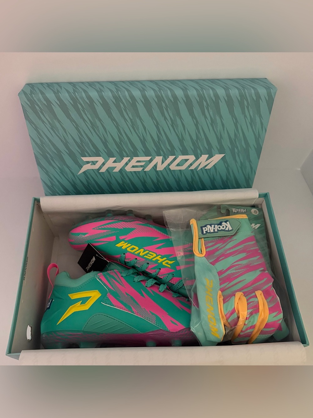Bundle- Matching Kool-Aid 'Sharkleberry Fin' Football Cleats & Gloves by Phenom